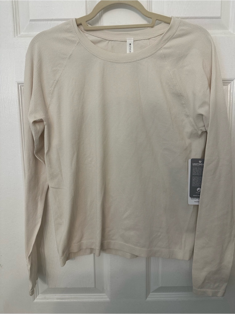 Athleta Unstinkable Waffle Knit Long Sleeve Top Cream Silver Shimmer Medium NWT